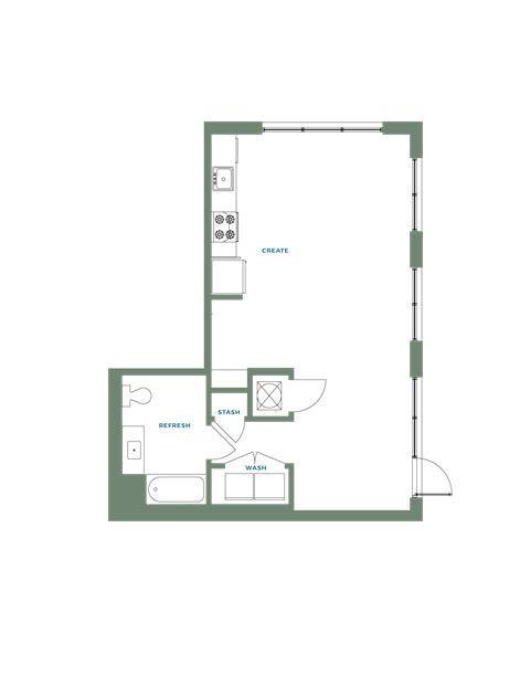 Floor plan for 1 bed, 1 bath, 664 sqft
